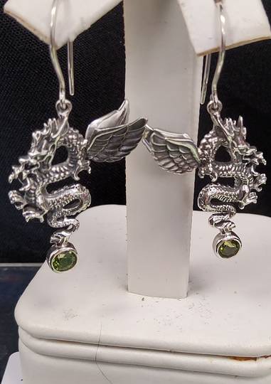 3D Sterling Silver Dragon Earrings with Peridot Drops